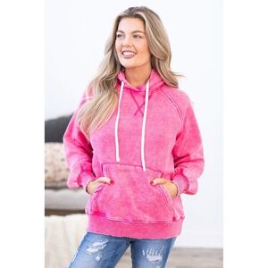 Zenana Mineral Wash Hoodie Trendy Kangaroo Pocket Pink Large Super Soft NWT